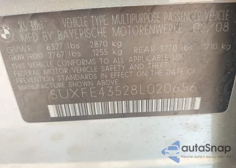 2008 BMW X5 3.0Si z USA, uszkodzony, nr VIN 5UXFE43528L020656